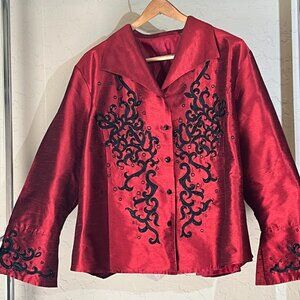 3XL Red Silk Jacket With Black Vine Patterns